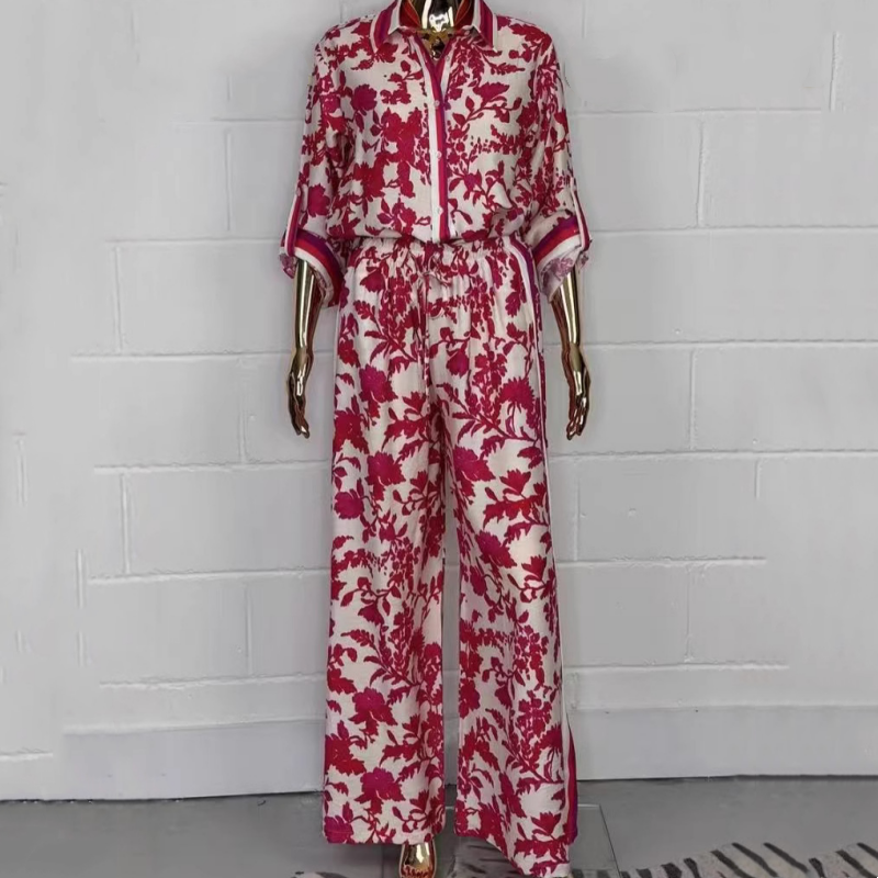 Women's Lapel Print Shirt & Pants Two-Piece Set