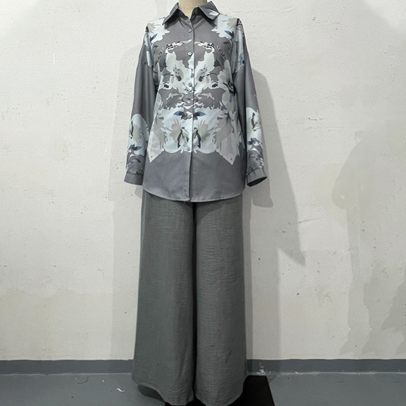 Women's Elegant Floral Print Blouse and Wide Leg Trousers Set