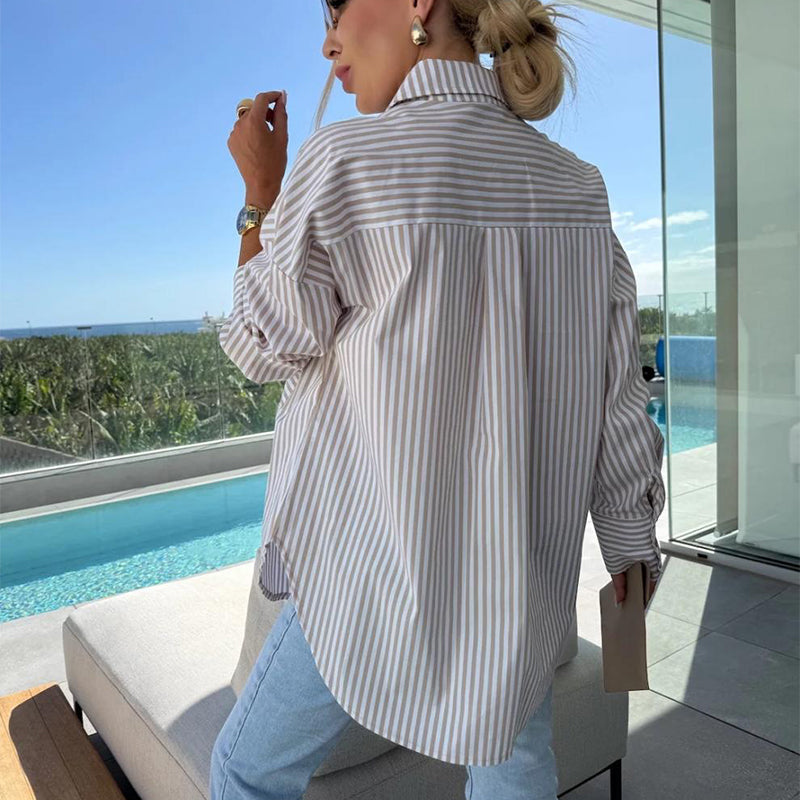 Women's Long Sleeve Casual Striped Loose Mid-Length Shirt