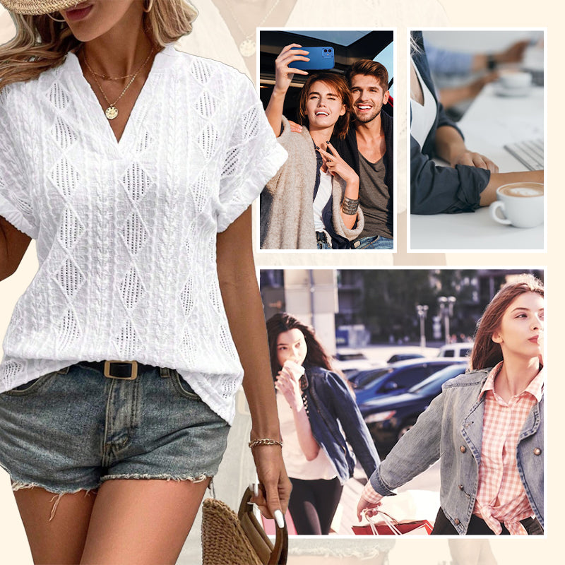 Women's V-Neck Jacquard Short Sleeve Loose Shirt