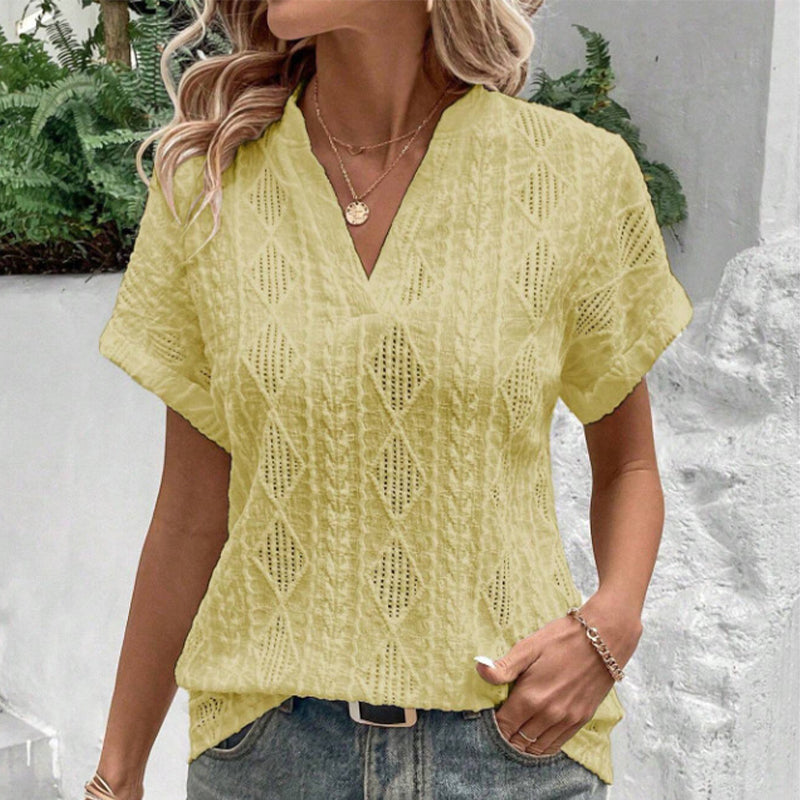 Women's V-Neck Jacquard Short Sleeve Loose Shirt