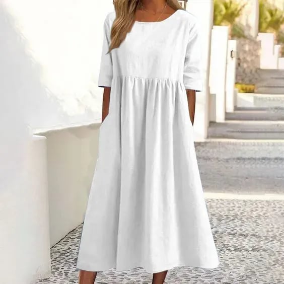 💝2025 NEW SALES - 50% OFF💝Women's Casual Basic Outdoor Crew Neck Pocket Smocked Cotton Dress