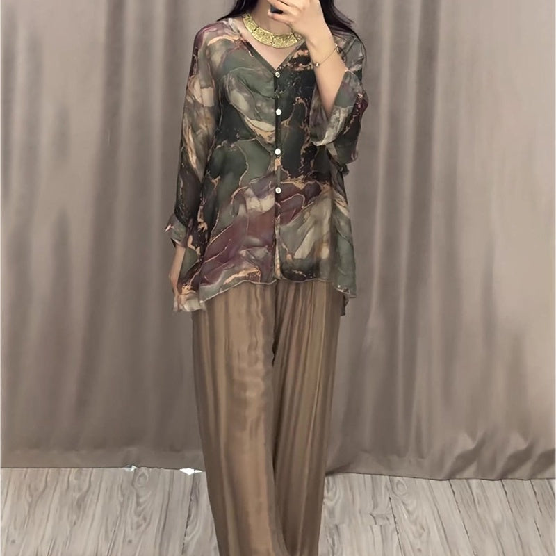 Casual V-neck Printed Three Piece Suit