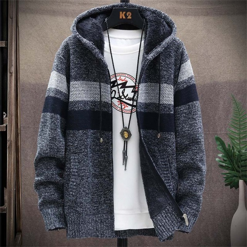 Men's striped knitted jacket with hood