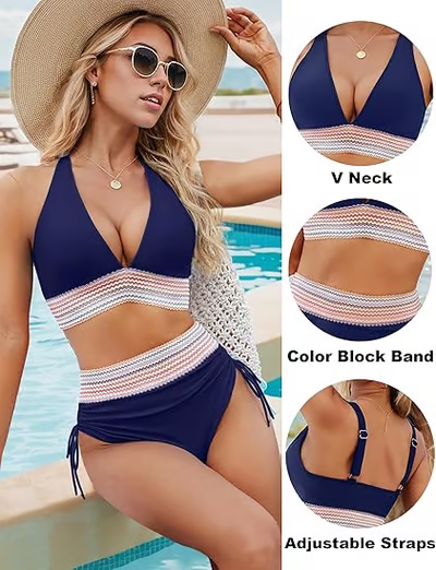 💃Vacation Sale 49% OFF💃High Waisted Tummy Control Color Block Bikini Sets