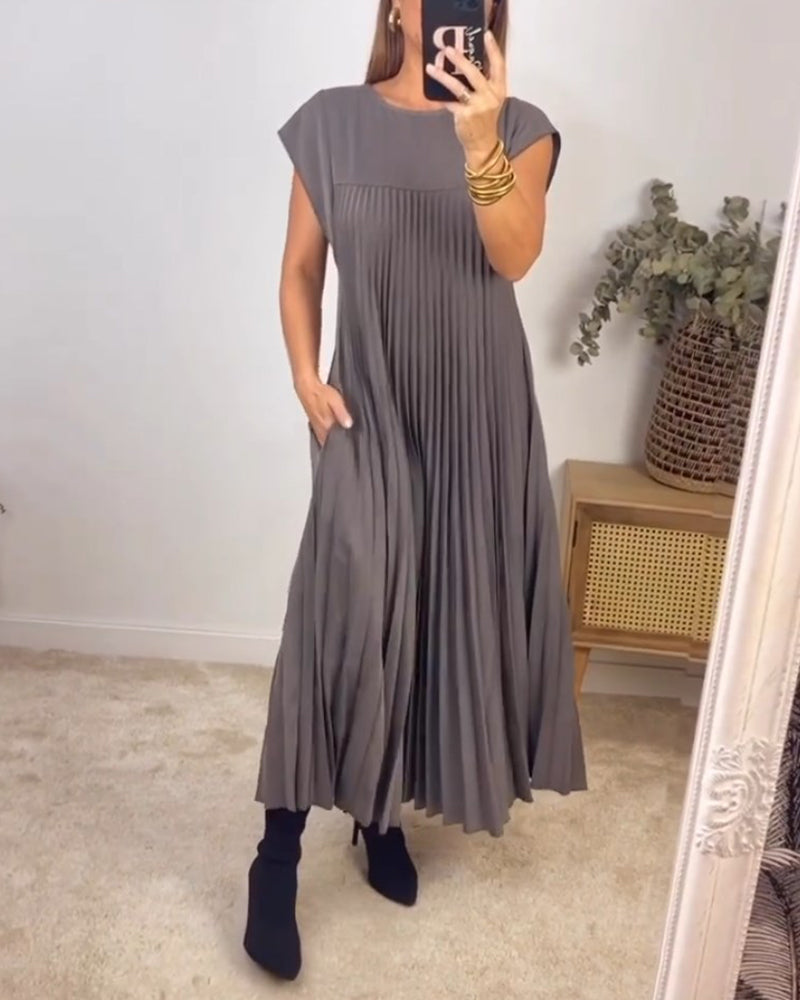 🔥HOT SALE🔥Sleeveless pleated simple solid colour dress