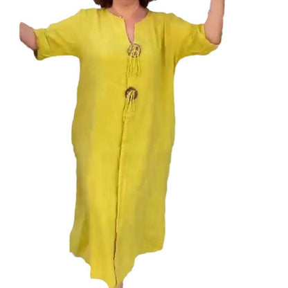Casual V-neck Cotton and Linen Dress