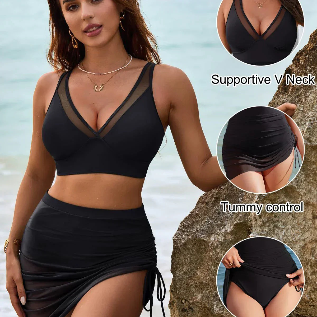 🏝️💖LAST DAY SALE 50% OFF💖👙Slimming Mesh Sheer Sarong Wraps Tummy Control Swimsuit