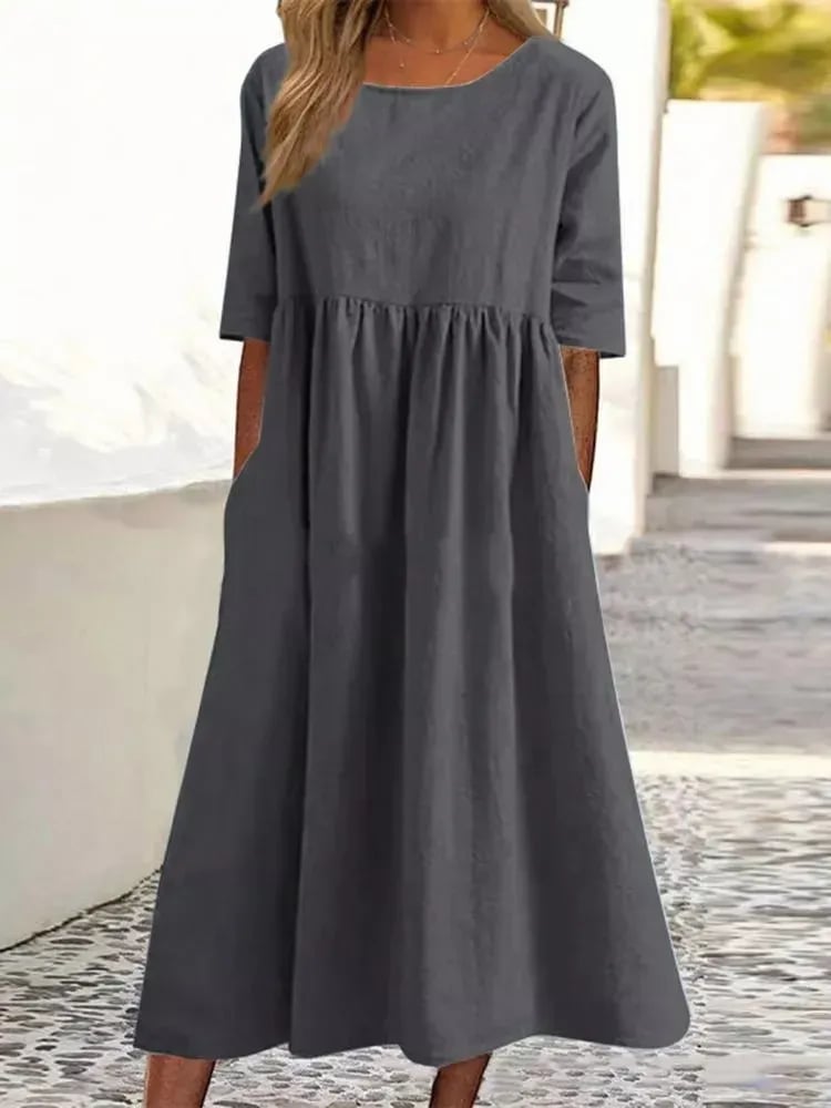 💝2025 NEW SALES - 50% OFF💝Women's Casual Basic Outdoor Crew Neck Pocket Smocked Cotton Dress