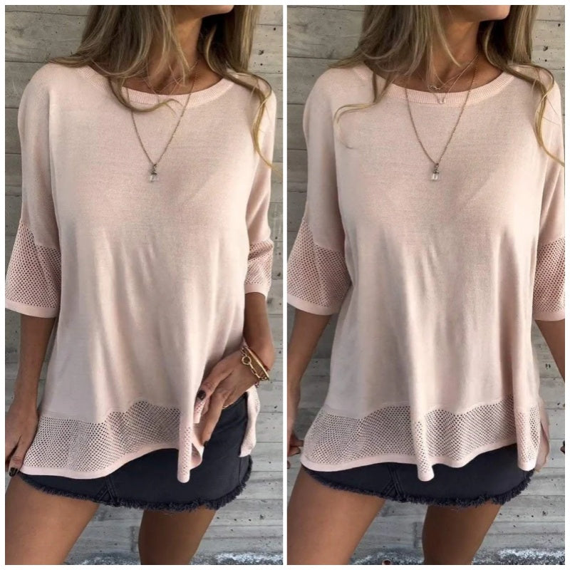 Women’s Casual Solid Color Round Neck 3/4 Sleeve T-Shirt