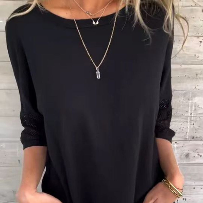 Women’s Casual Solid Color Round Neck 3/4 Sleeve T-Shirt