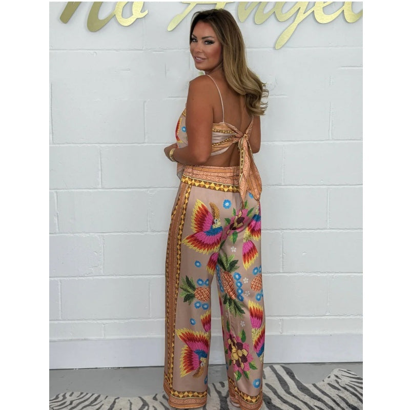 Women's Spaghetti Strap Printed Top & Loose Pants 2-Piece Set