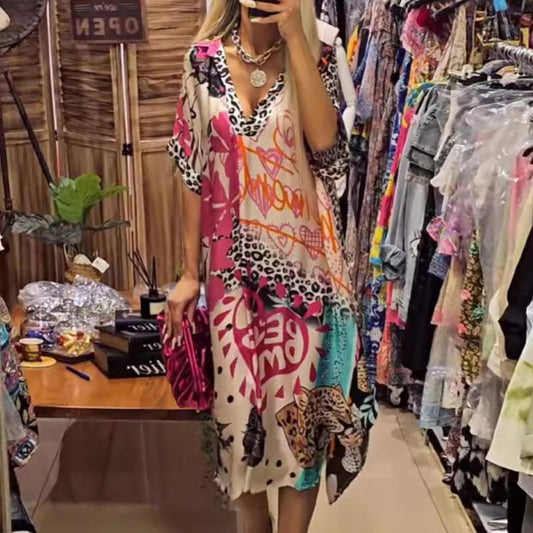 🎉2025 New Products Hot Sale✨Women’s Deep V-Neck Short Sleeve Printed Dress