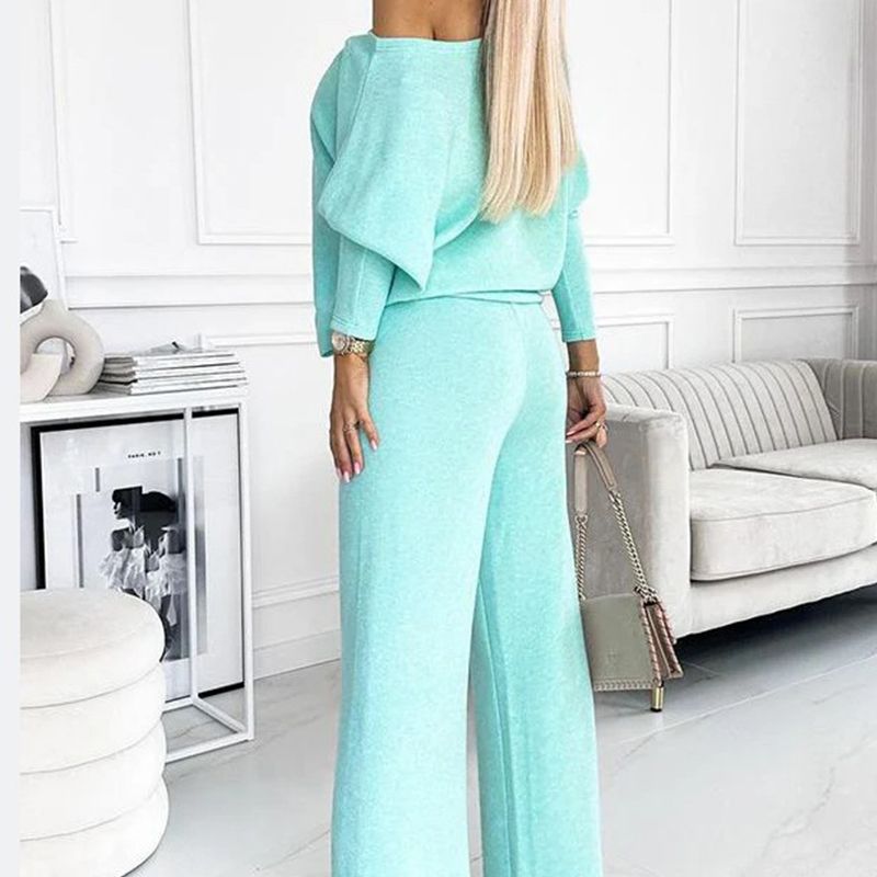 Women's Solid Color Drop Shoulder Pullover and Loose Pants Set