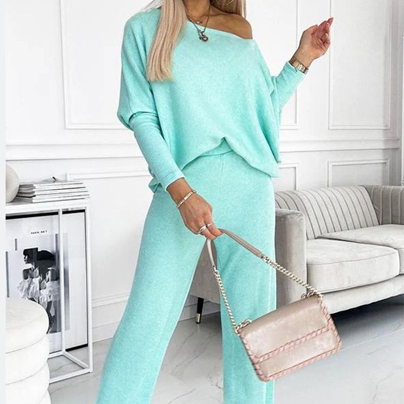 Women's Solid Color Drop Shoulder Pullover and Loose Pants Set