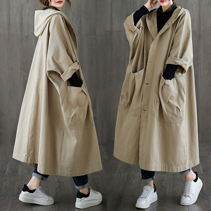 Oversized Large Pocket Hooded Long Trench Coat