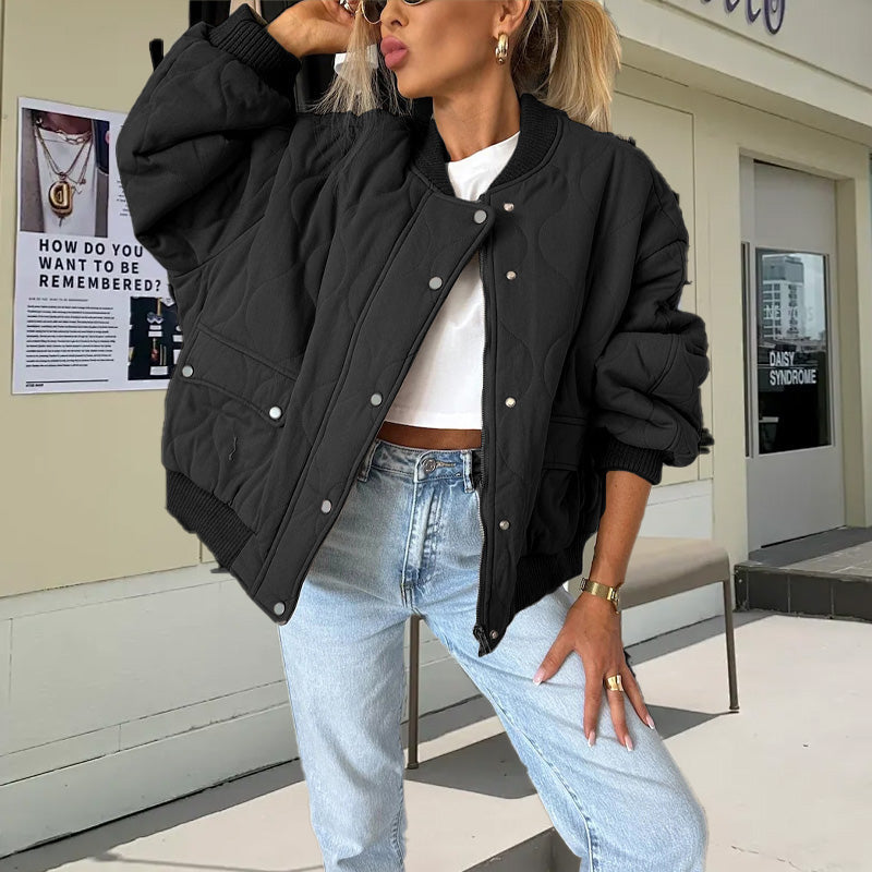 Solid Color Loose Thick Warm Bomber Jacket