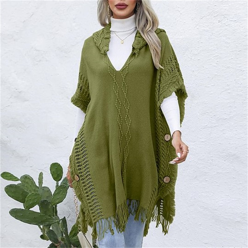 Women’s Elegant Hooded Knit Poncho Sweater with Fringe Trim