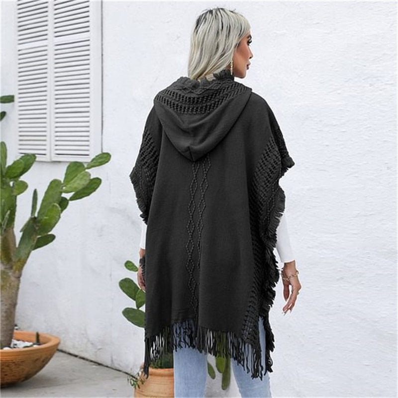 Women’s Elegant Hooded Knit Poncho Sweater with Fringe Trim