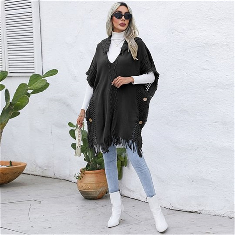 Women’s Elegant Hooded Knit Poncho Sweater with Fringe Trim