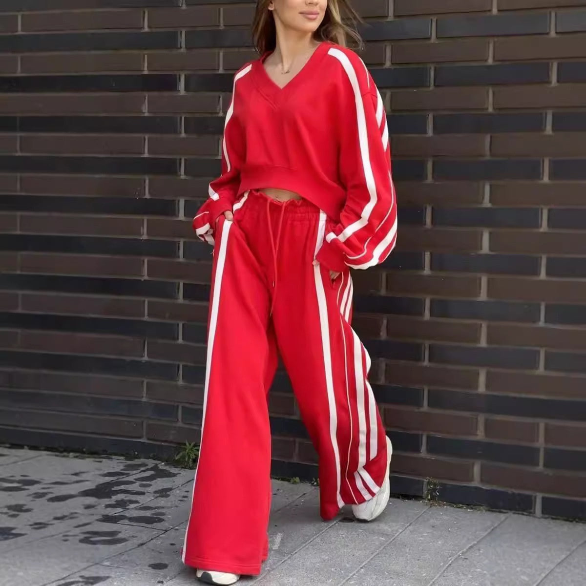 V-Neck Sweatshirt & Wide-Leg Pants 2-Piece Set