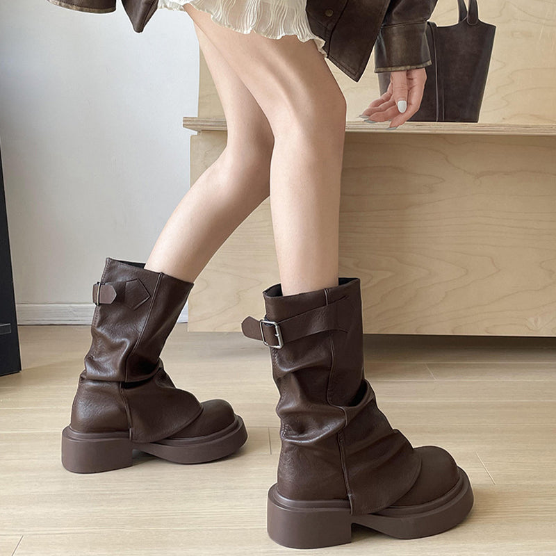 Vintage Mid-Calf Pleated Chunky Heel Boots