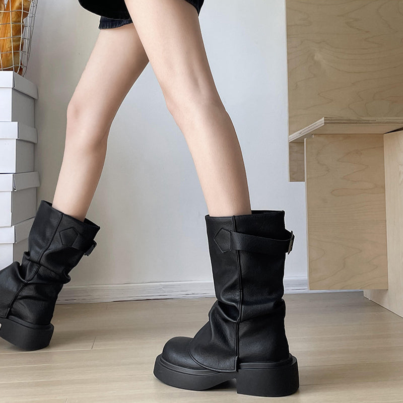 Vintage Mid-Calf Pleated Chunky Heel Boots