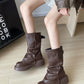 Vintage Mid-Calf Pleated Chunky Heel Boots