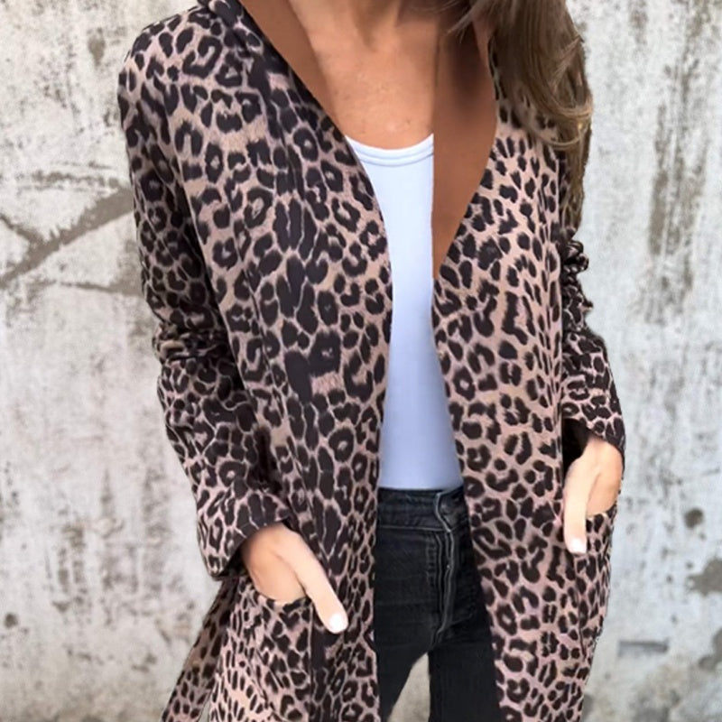 Women's Hooded Leopard Print Open-Front Trench Coat