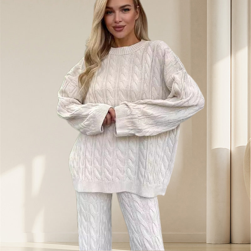 Solid Crew Neck Twist Textured Sweater & Pants Set