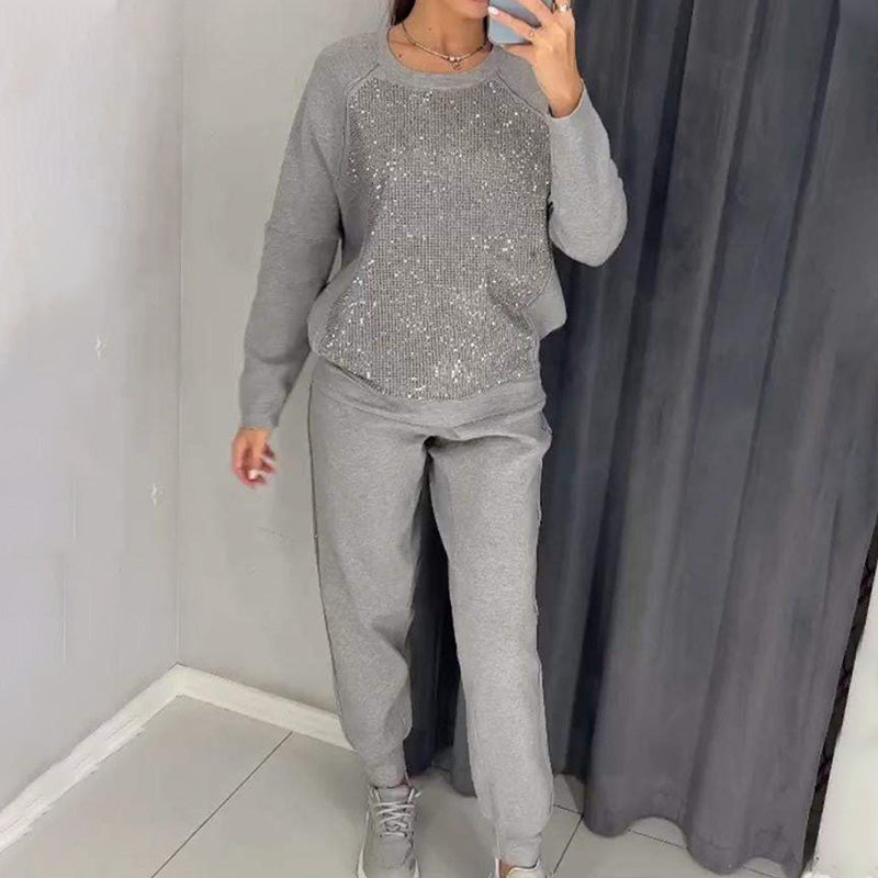 Women's Glitter Rhinestone Sweatshirt & Casual Pants 2 Piece Set