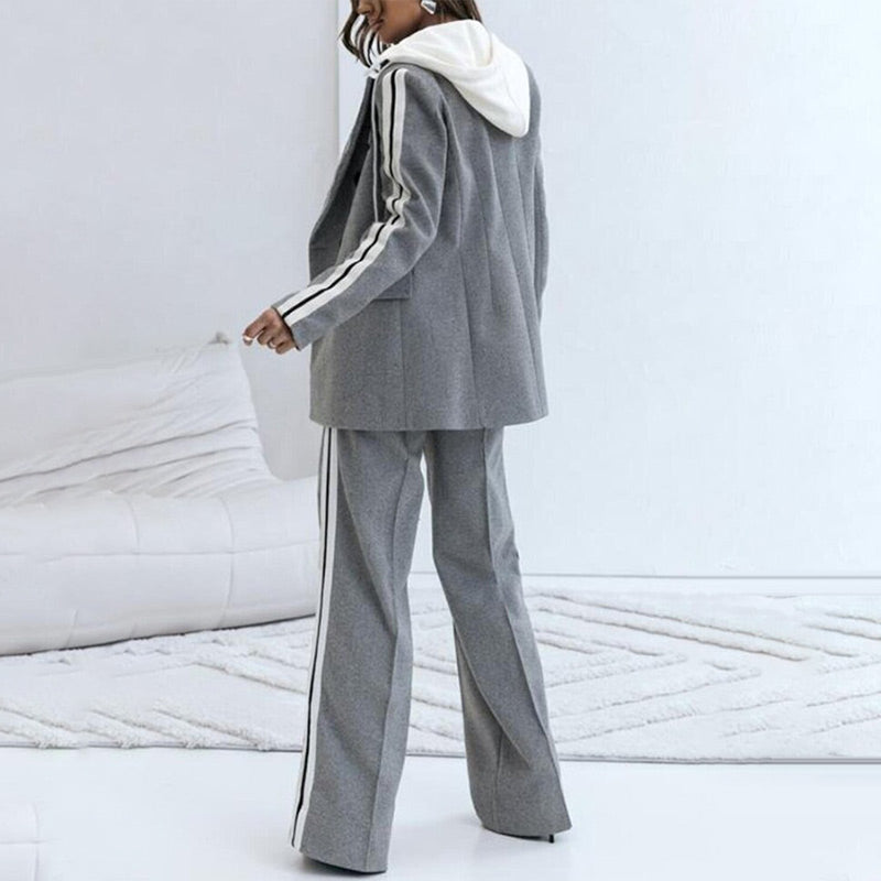 Women’s Casual Gray Blazer Top & Wide-Leg Pants 2-Piece Set