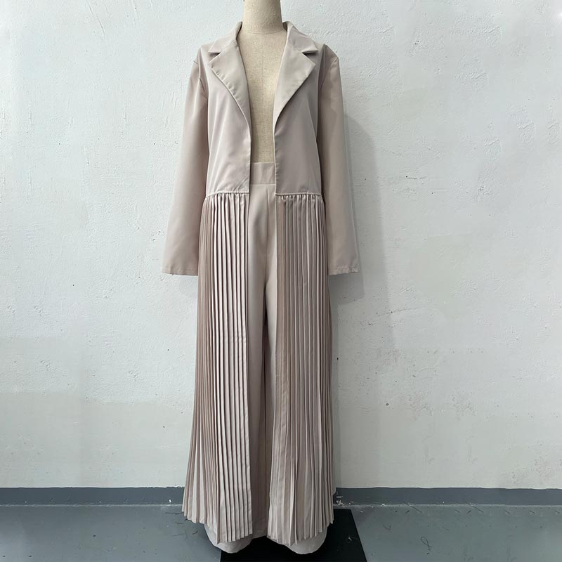 Women’s Chic Notched Lapel Pleated Bottom Maxi Trench Coat And Wide-leg Pants Set