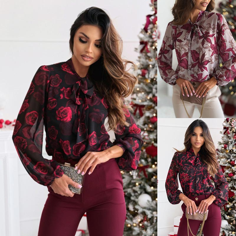 Women's Fashionable Printed Bow Collar Chiffon Long-sleeved Shirt