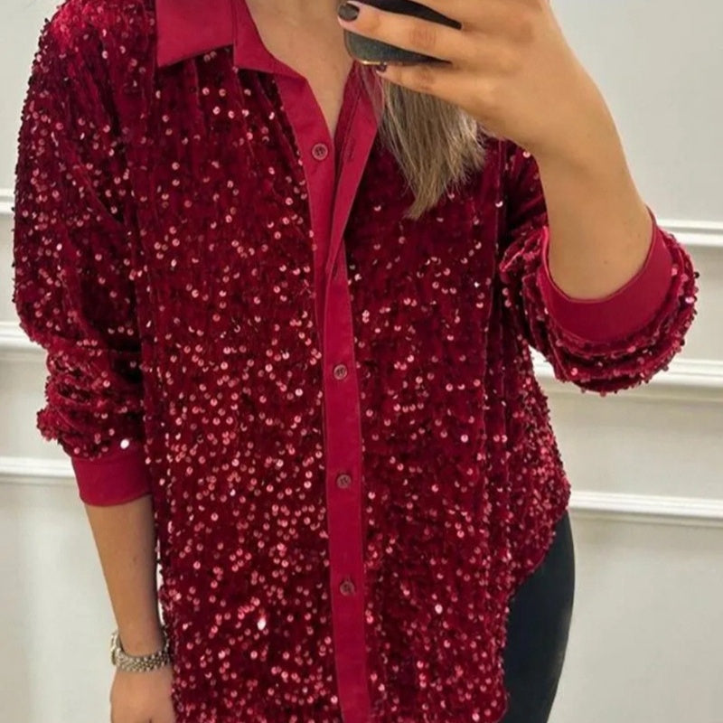 Women's Lapel Button-Down Sparkly Party Shirt