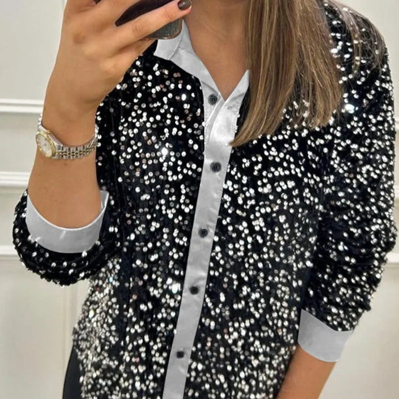 Women's Lapel Button-Down Sparkly Party Shirt