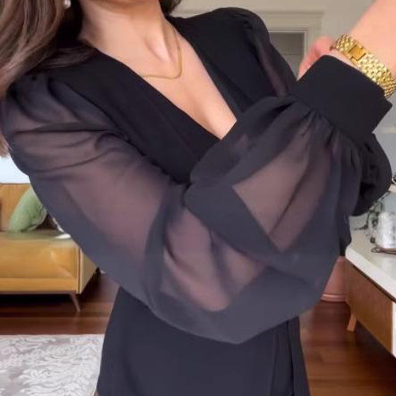 🥰Elegant dress with V-neck and long lantern sleeves made of mesh for women