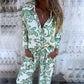 Women’s Stylish Print Lapel Button Shirt and Wide-leg Pants 2-piece Set