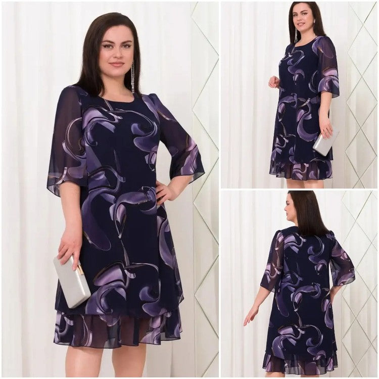 2025 New ruffled sleeve Elegant printed chiffon dresses.