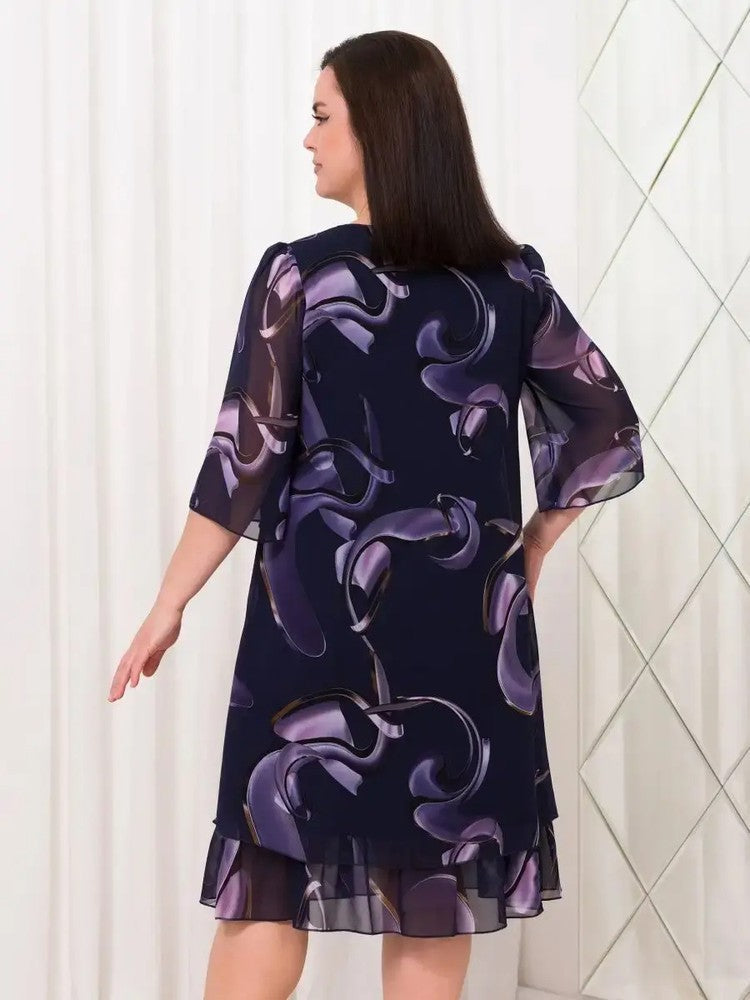 2025 New ruffled sleeve Elegant printed chiffon dresses.