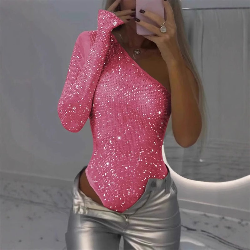 Women's One Shoulder Sequin Bodysuit