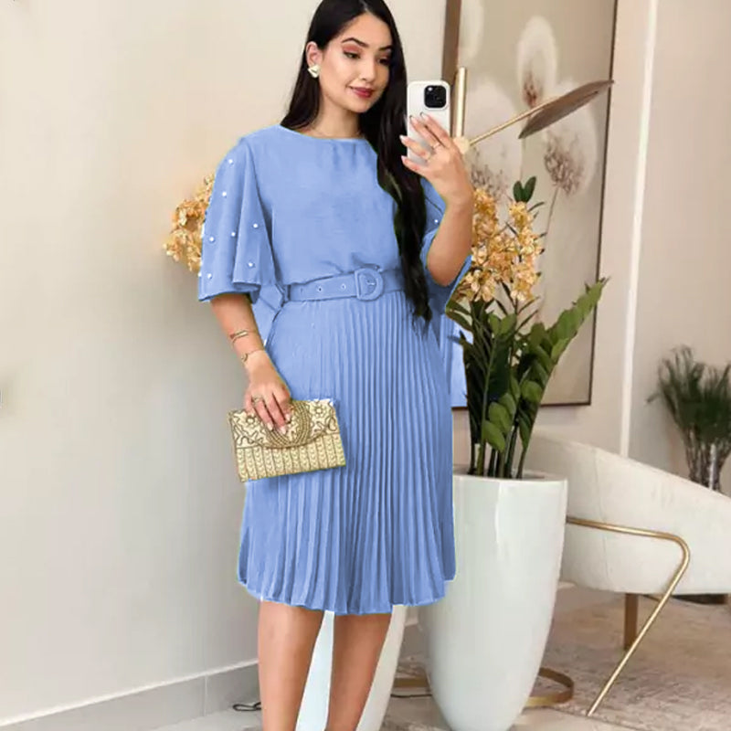 Elegant Round Neck Pleated Dress with Belt