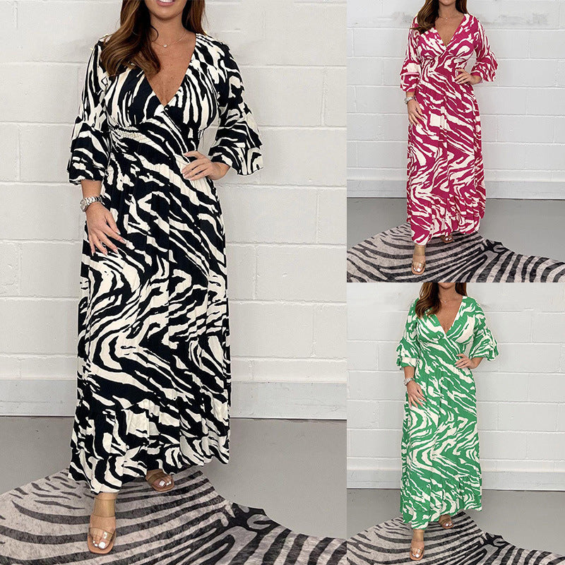 💖Limited Sale 50% OFF💖V-Neck Zebra Stripe Waistline 3/4 Sleeve Dress