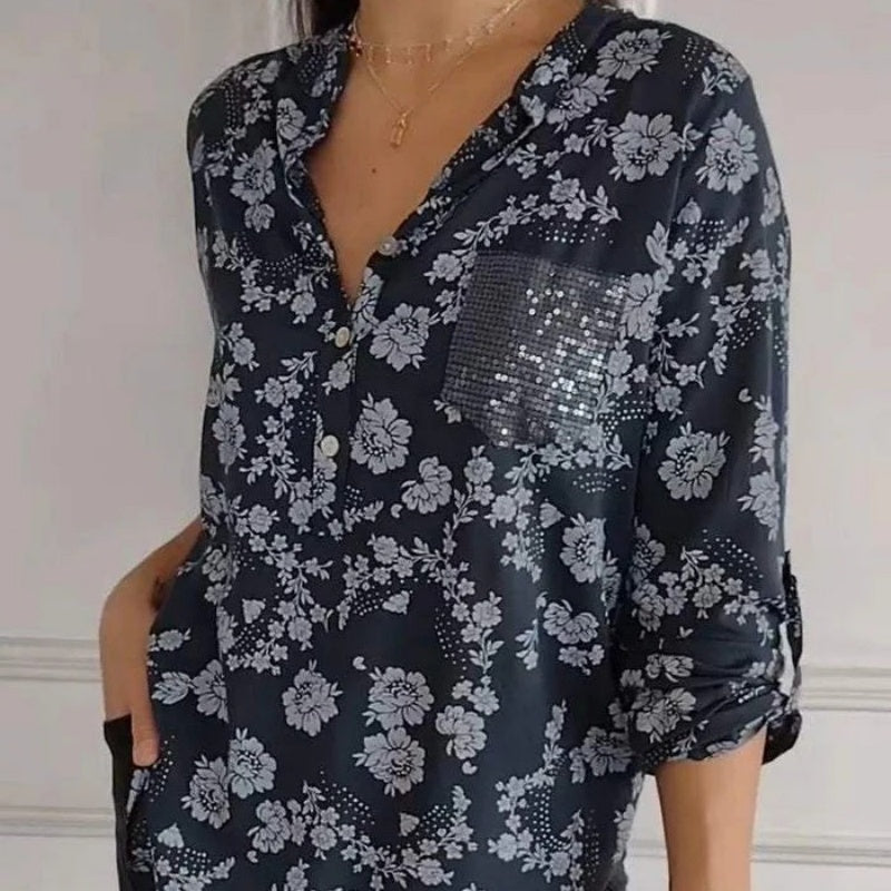 🌸Spring Specials🌸 Women's Floral Print Long Sleeve Blouse with Sequin Pocket