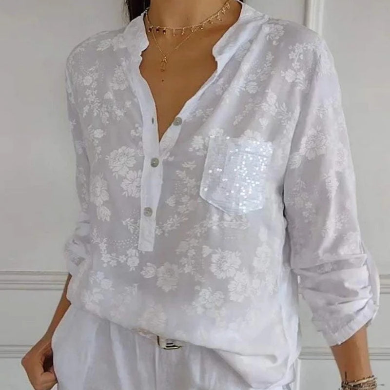 🌸Spring Specials🌸 Women's Floral Print Long Sleeve Blouse with Sequin Pocket