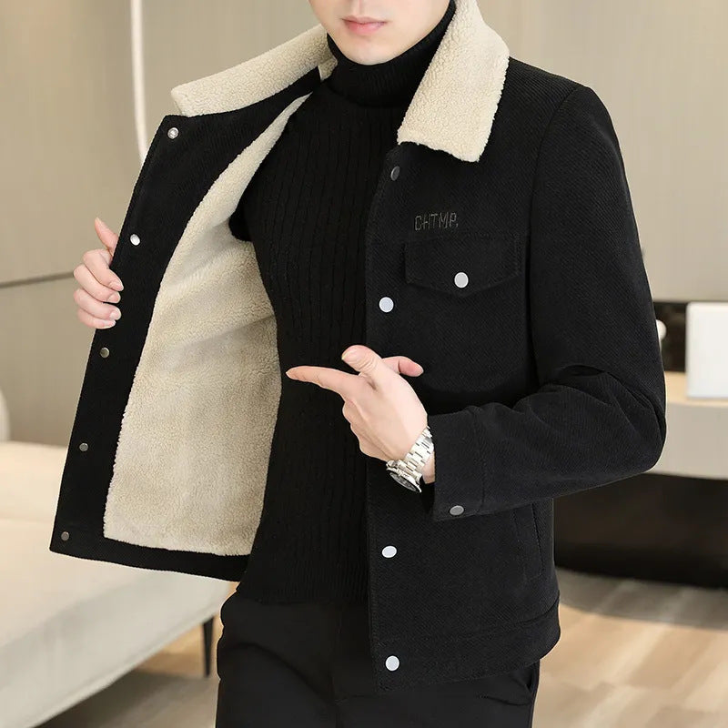 Men's Fashion Lapel Solid Color Button Thickened Jacket