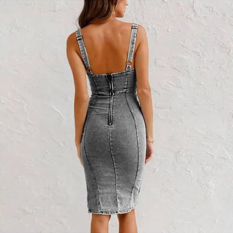 Adjustable strap U-neck split denim bodycon cami dress