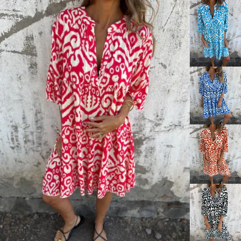 V-Neck Printed Three-Quarter Sleeve Dress