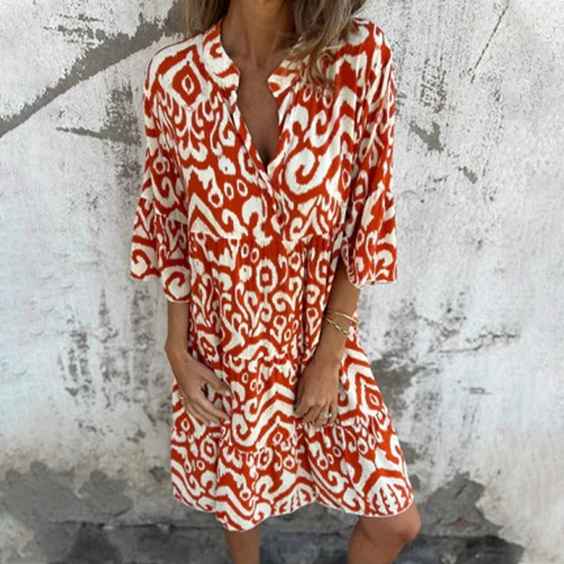 V-Neck Printed Three-Quarter Sleeve Dress