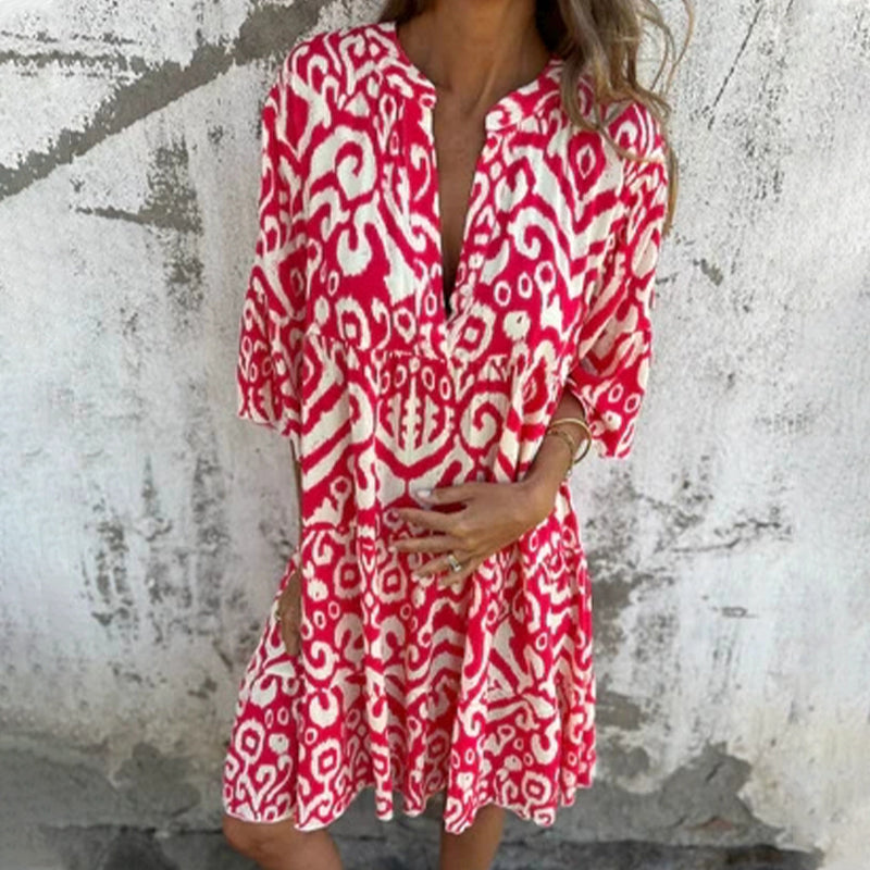 V-Neck Printed Three-Quarter Sleeve Dress